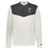 The EMB Augusta Nations of Rugby Fiji Sideline Grid 1/4 Zip Pullover features a dark gray yoke, white body, and "FIJI RUGBY" with palm tree graphic—ideal apparel for passionate rugby fans.