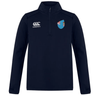 The Fiji Club Shield 1/4 Zip Training Top from EMB Canterbury features a half-zip front with a navy blue design. It displays the Canterbury logo on the left and a blue shield with Union Jack and red crest on the right, capturing the essence of premium tops.