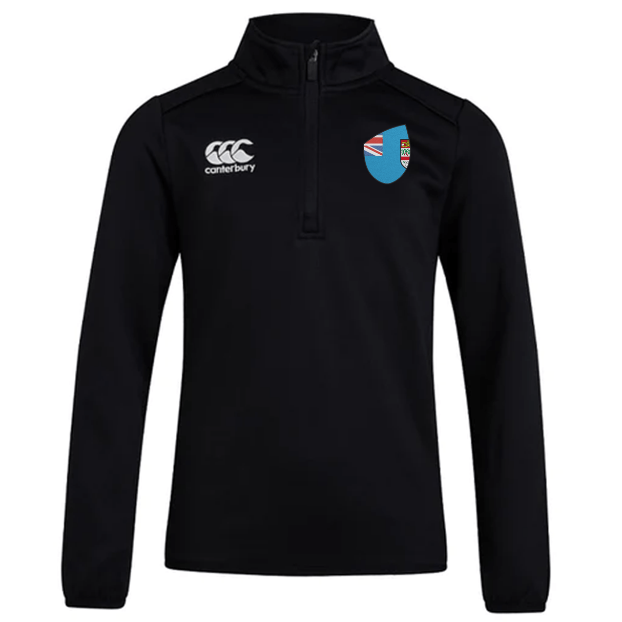 The Fiji Club Shield 1/4 Zip Training Top by EMB Canterbury is a black training feature with the Canterbury logo on the right chest and a blue shield with a Fiji emblem on the left. It's ideal for fans seeking style and functionality in their tops.