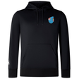 The Fiji Shield Club Lightweight Hoodie by EMB Canterbury is black, featuring a blue shield emblem on the chest and a small logo on the sleeve—ideal for rugby supporters.