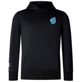 The Fiji Shield Club Lightweight Hoodie by EMB Canterbury is black, featuring a blue shield emblem on the chest and a small logo on the sleeve—ideal for rugby supporters.