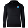 The Fiji Shield Club Lightweight Hoodie by EMB Canterbury is black, featuring a blue shield emblem on the chest and a small logo on the sleeve—ideal for rugby supporters.