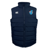The EMB Canterbury Fiji Shield Core Gilet is a dark blue padded vest featuring Thermoreg insulation, a high collar, the Canterbury logo on the left, and a shield emblem on the right.