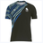 A black Nike athletic shirt with blue and teal stripe patterns on one shoulder, featuring a white swoosh logo and Olympic rings on the chest. This Fiji Olympics 7's Replica Away Jersey by Nike is inspired by the Fiji Olympics 7's team.