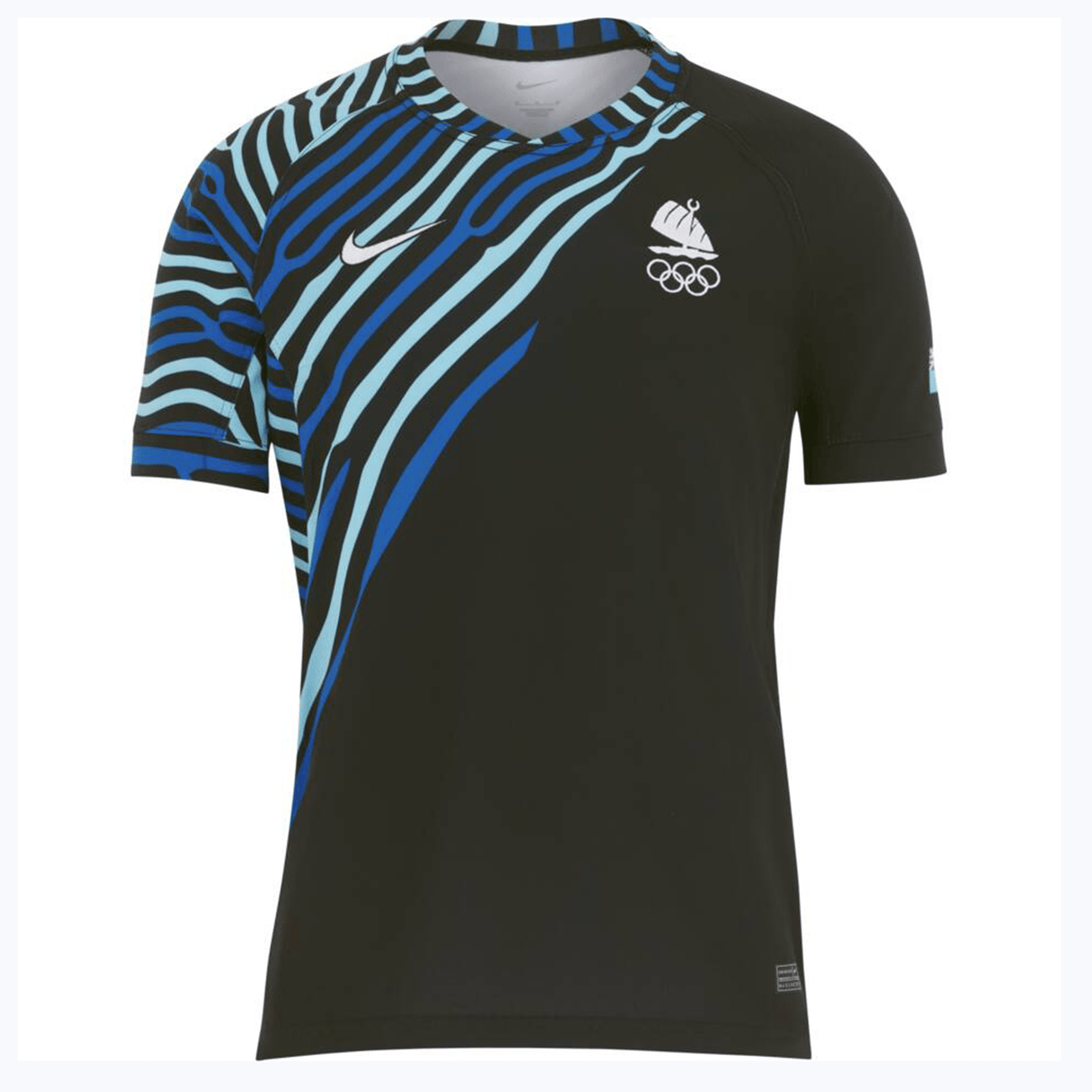 A black Nike athletic shirt with blue and teal stripe patterns on one shoulder, featuring a white swoosh logo and Olympic rings on the chest. This Fiji Olympics 7's Replica Away Jersey by Nike is inspired by the Fiji Olympics 7's team.