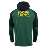 Introducing the Springboks Full Zip Training Hoodie by Nike: a green and black hoodie equipped with a hood and showcasing "South Africa" in yellow text on the back. Designed by Nike, this moisture-wicking jacket combines comfort and style for any occasion.