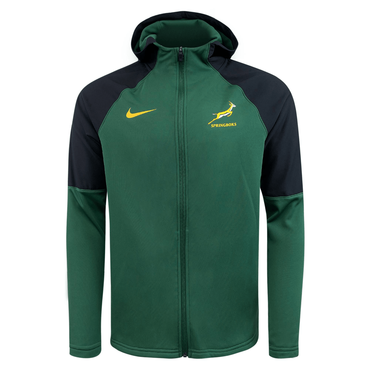 The Springboks Full Zip Training Hoodie by Nike in green and black comes with a hood and features a yellow swoosh logo on the left chest. On the right chest, you'll find the springbok emblem accompanied by "SPRINGBOKS." This moisture-wicking jacket keeps you comfortable and stylish.
