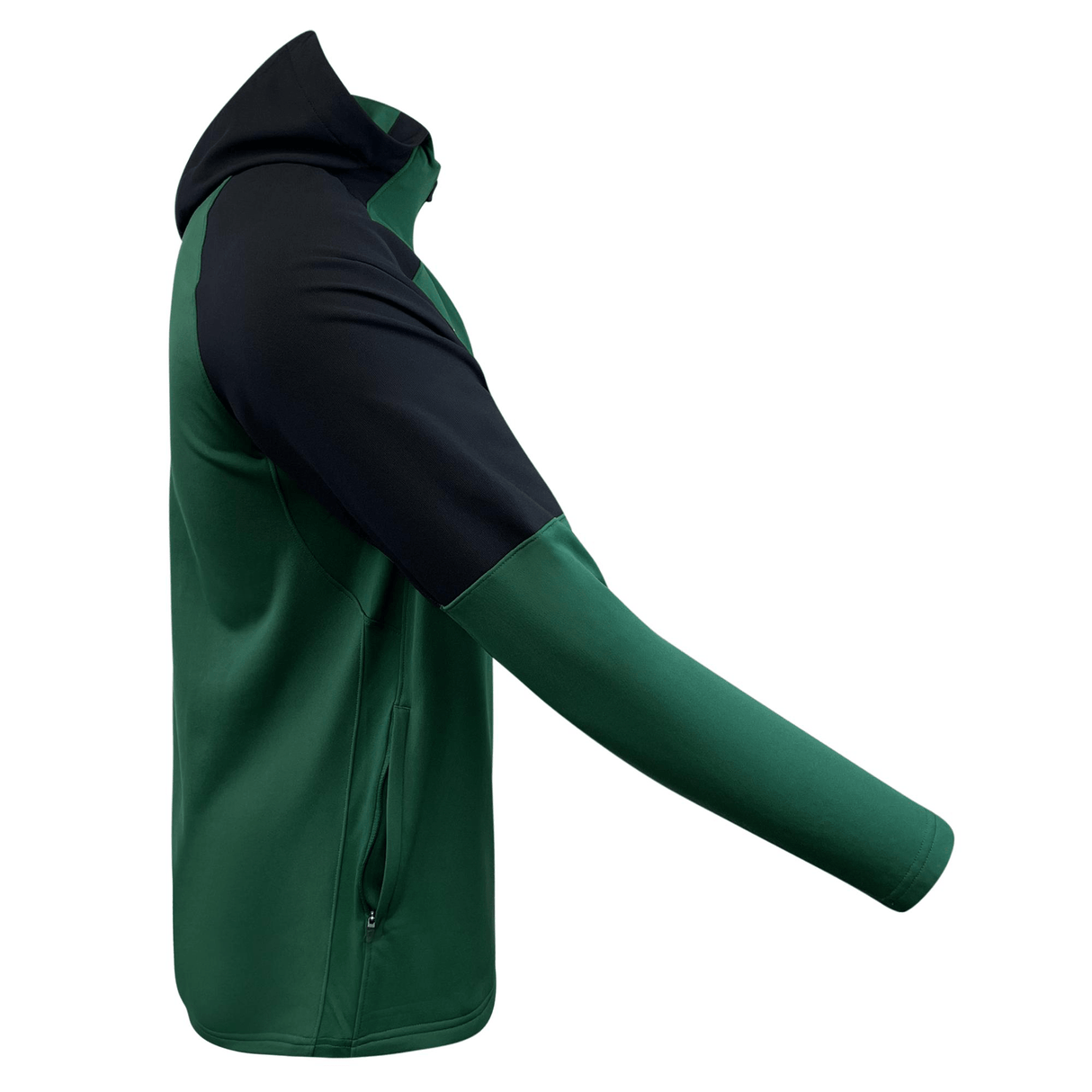 Side view of the Springboks Full Zip Training Hoodie by Nike, showcasing a green and black design with a zipper pocket on the lower side and long sleeves. Crafted from moisture-wicking fabric, it's ideal for fans seeking performance wear in any condition.