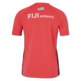 The reverse side of the red Fiji 7's Replica Away Jersey by Nike showcases "Fiji Airways" accompanied by a small flag design, embodying the essence of the classic Fiji 7's Jersey.