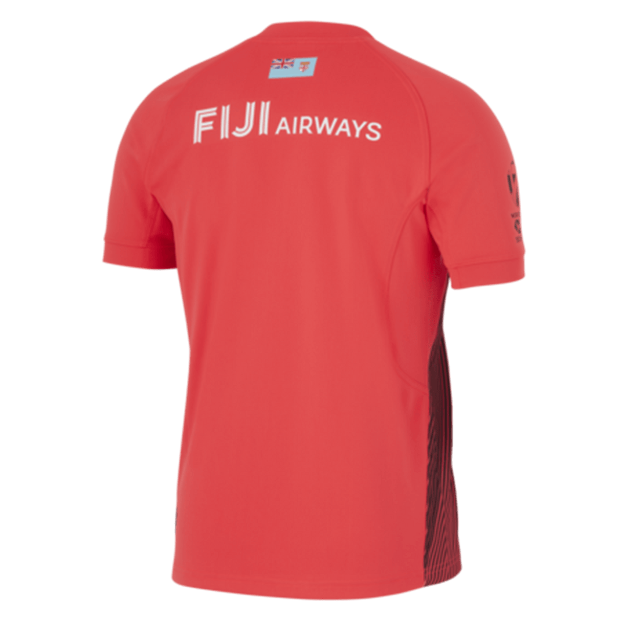 The Fiji 7's Replica Away Jersey by Nike in red prominently features "Fiji Airways" on the front, along with smaller logos on the back.