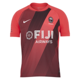 Fiji 7's Replica Away Jersey by Nike in red and black with diagonal stripes, featuring the Nike Fiji logo and "FIJI Airways" text on the front.