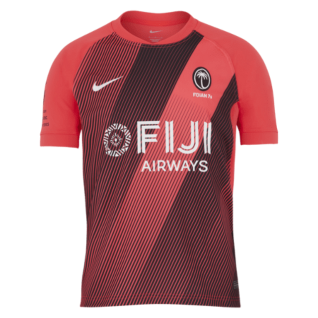Fiji 7's Replica Away Jersey by Nike in red and black with diagonal stripes, featuring the Nike Fiji logo and "FIJI Airways" text on the front.