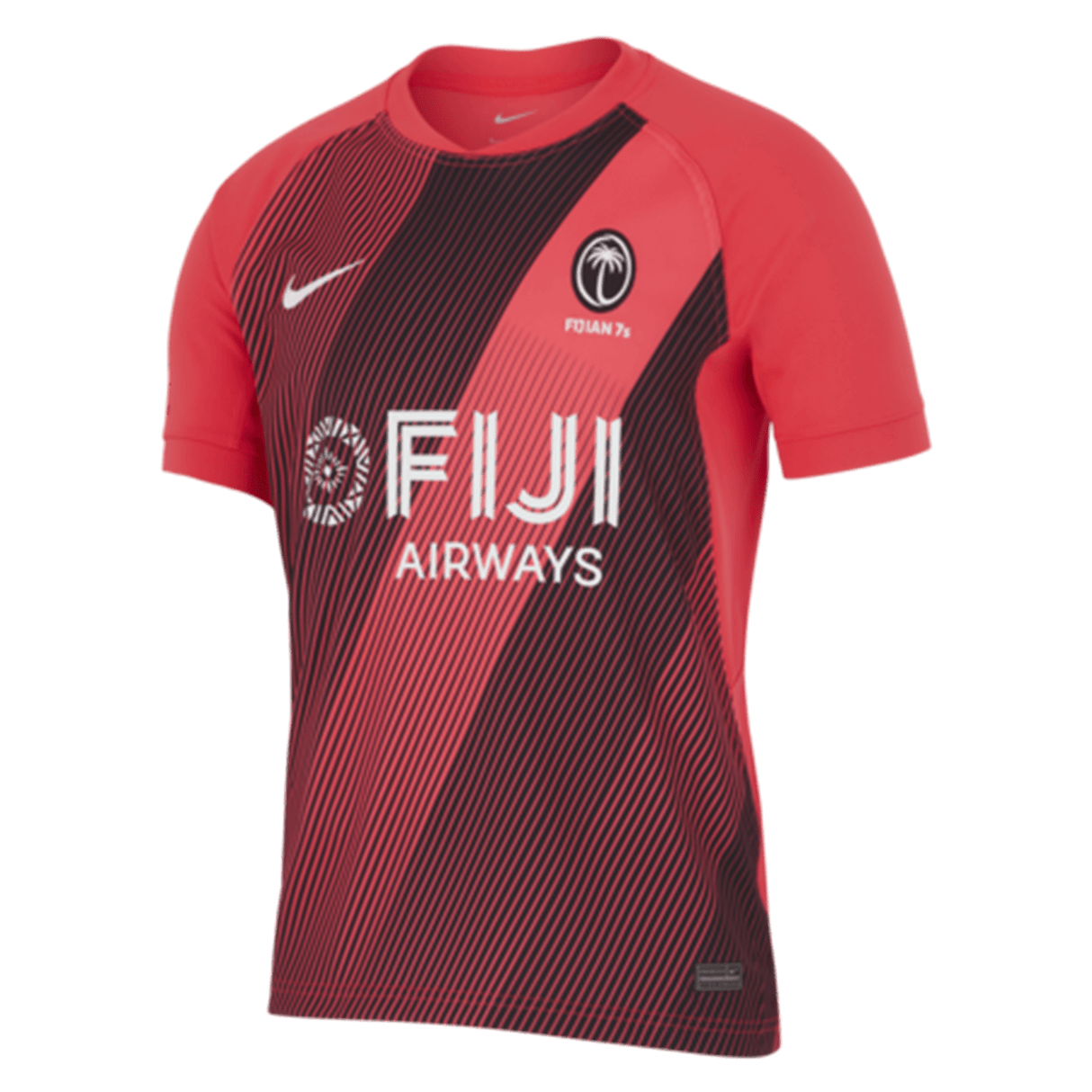 Experience both style and sportsmanship with the Fiji 7's Replica Away Jersey by Nike, featuring red and black colors, diagonal lines, the iconic Nike logo, and "FIJI AIRWAYS" text.