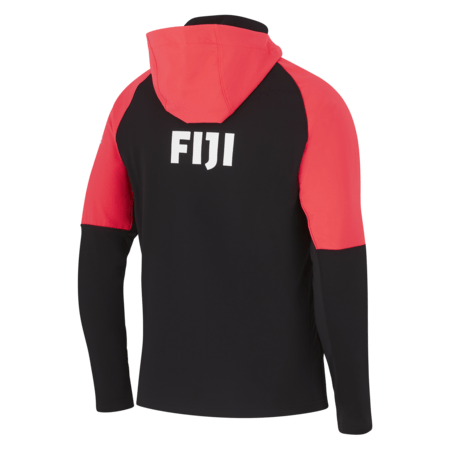 The Fiji Full Zip Training Hoodie 24/25 by Nike is a black and red design with "FIJI" printed on the back. It's crafted to be breathable and quick-drying, ensuring ultimate comfort.