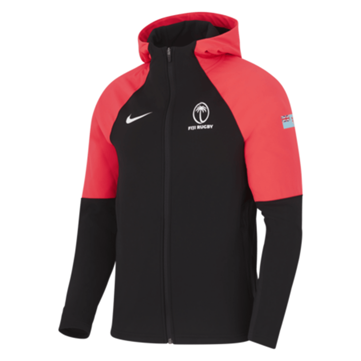Introducing the Fiji Full Zip Training Hoodie 24/25 by Nike: a stylish black and red athletic jacket with a hood, adorned with rugby team logos on the chest and sleeve. Crafted from breathable, quick-drying fabric, it's ideal for demanding training sessions or relaxed everyday wear.