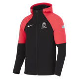 Introducing the Fiji Full Zip Training Hoodie 24/25 by Nike: a stylish black and red athletic jacket with a hood, adorned with rugby team logos on the chest and sleeve. Crafted from breathable, quick-drying fabric, it's ideal for demanding training sessions or relaxed everyday wear.