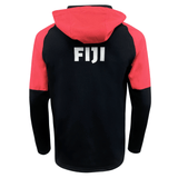 This is the back view of the Fiji Full Zip Training Hoodie 24/25 by Nike, featuring a striking black and red design with "FIJI" printed in white across the upper back. This breathable and quick-drying hoodie ensures optimal comfort during physical activities.