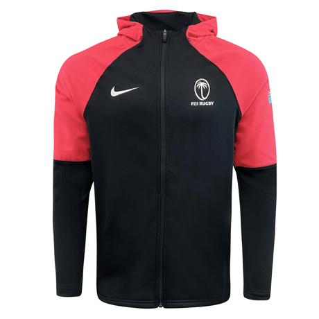 The Fiji Full Zip Training Hoodie 24/25 by Nike is a black and red piece featuring a hood, the "Fiji Rugby" and palm tree logo, as well as the iconic Nike swoosh. It is crafted from breathable, quick-drying fabric for optimal comfort.