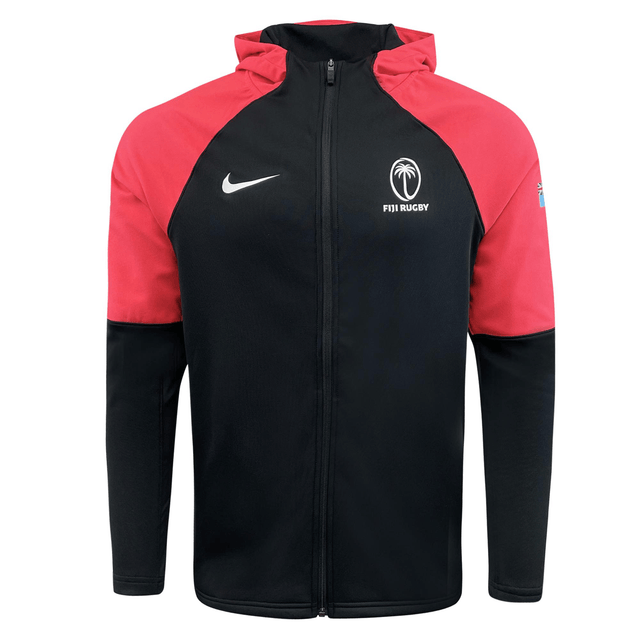 The Fiji Full Zip Training Hoodie 24/25 by Nike is a black and red piece featuring a hood, the "Fiji Rugby" and palm tree logo, as well as the iconic Nike swoosh. It is crafted from breathable, quick-drying fabric for optimal comfort.
