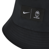 Close-up of a Fiji Reversible 24/25 Bucket Hat by Nike, featuring a black design with prominent Nike and Fiji Rugby logos, complete with a palm tree motif for full sun protection.