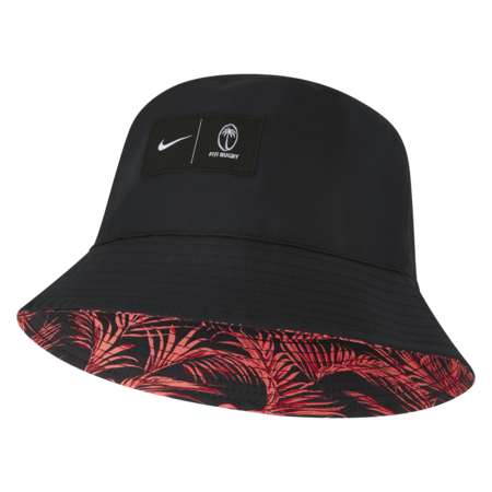 The Fiji Reversible 24/25 Bucket Hat by Nike showcases a black design complemented by a red-patterned brim and features both a swoosh and "Fiji Rugby" logo. Experience full sun coverage with its sweat-wicking technology to keep you cool.