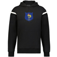 The WRS Augusta France Heritage Prep Vintage Shield Hoodie features a black design with white sleeve stripes, plus a blue shield logo with a yellow rooster and "1906"—perfect for rugby fans.