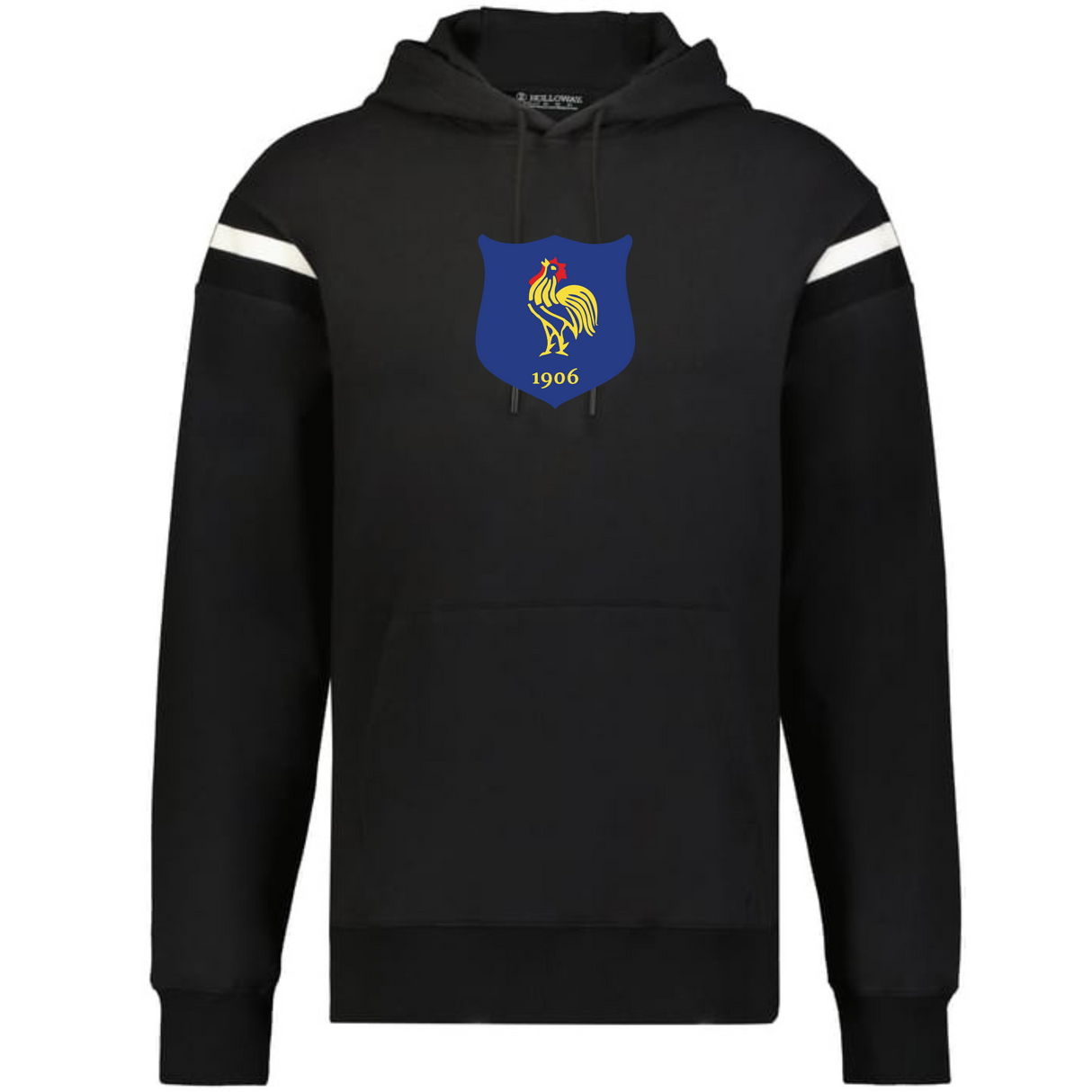 The WRS Augusta France Heritage Prep Vintage Shield Hoodie features a black design with white sleeve stripes, plus a blue shield logo with a yellow rooster and "1906"—perfect for rugby fans.
