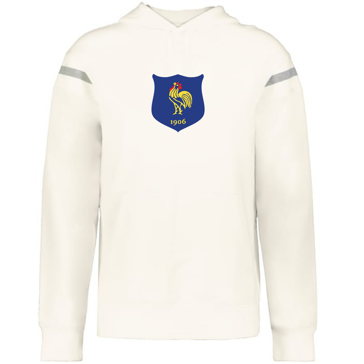 The WRS Augusta France Heritage Prep Vintage Shield Hoodie is white with grey shoulder stripes and a blue crest on the chest featuring a yellow rooster and "1906".