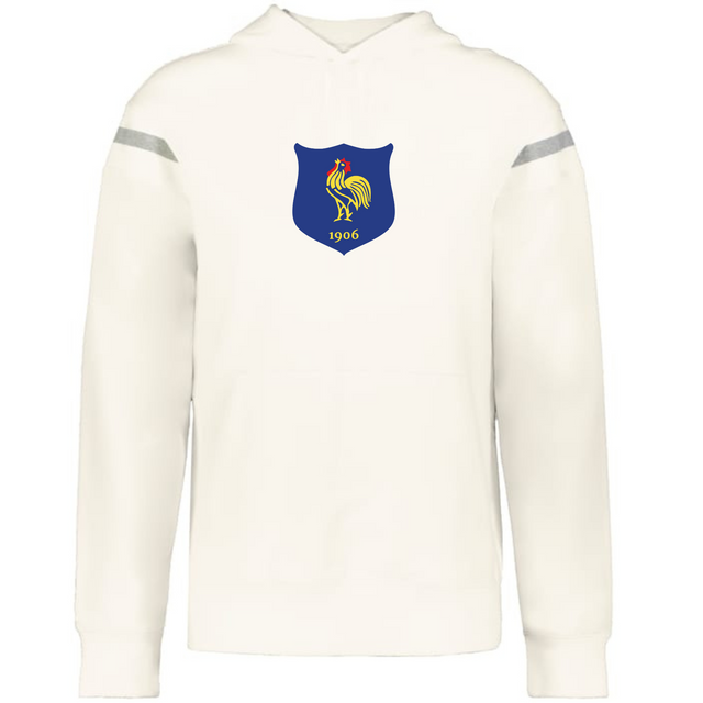 The WRS Augusta France Heritage Prep Vintage Shield Hoodie is white with grey shoulder stripes and a blue crest on the chest featuring a yellow rooster and "1906".