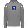 The WRS Augusta France Heritage Prep Vintage Shield Hoodie features gray fabric, white sleeve stripes, and a blue shield with a yellow rooster and "1906" on the chest—ideal for rugby fans.