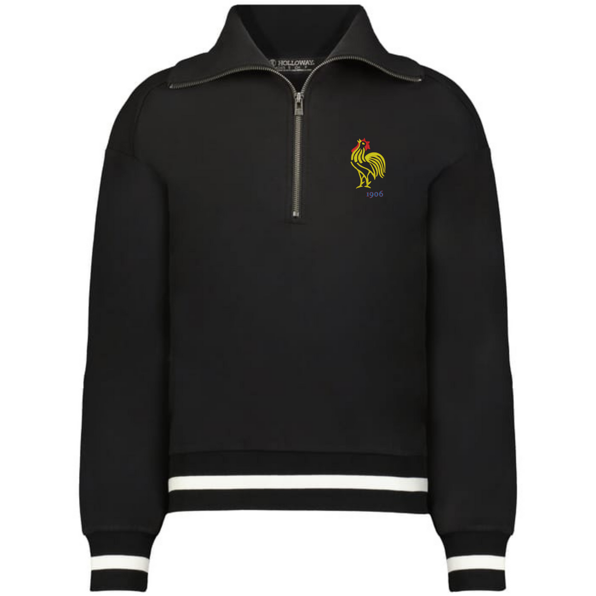 The EMB Augusta Women's Vintage France Heritage Prep Pullover features a black quarter-zip design with white cuff and hem stripes, a yellow rooster emblem, and "1906" on the chest—classic nods to French heritage style.