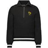 The EMB Augusta Women's Vintage France Heritage Prep Pullover features a black quarter-zip design with white cuff and hem stripes, a yellow rooster emblem, and "1906" on the chest—classic nods to French heritage style.