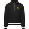 The EMB Augusta Women's Vintage France Heritage Prep Pullover features a black quarter-zip design with white cuff and hem stripes, a yellow rooster emblem, and "1906" on the chest—classic nods to French heritage style.