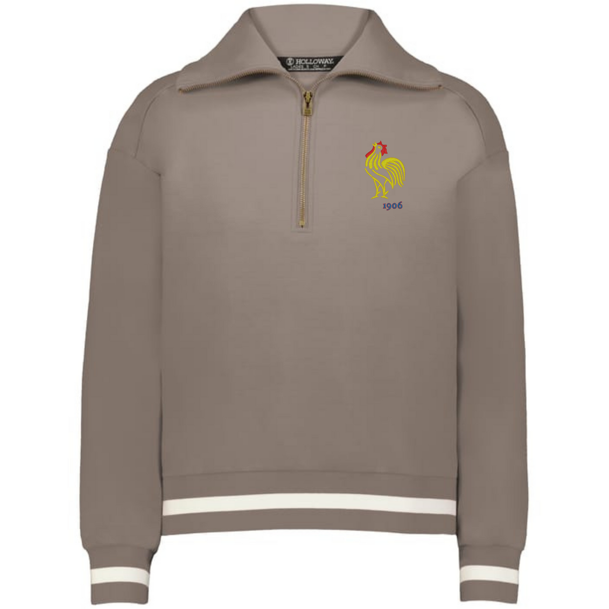 The EMB Augusta Women's Vintage France Heritage Prep Pullover features a beige quarter-zip, white striped cuffs and hem, and an embroidered yellow rooster with red star and "1906" on the left chest—a timeless classic.