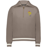 The EMB Augusta Women's Vintage France Heritage Prep Pullover features a beige quarter-zip, white striped cuffs and hem, and an embroidered yellow rooster with red star and "1906" on the left chest—a timeless classic.