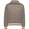 The EMB Augusta Women's Vintage France Heritage Prep Pullover features a beige quarter-zip, white striped cuffs and hem, and an embroidered yellow rooster with red star and "1906" on the left chest—a timeless classic.
