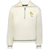 The EMB Augusta Women's Vintage France Heritage Prep Pullover features a cream quarter-zip design with a gold rooster, red star, and "1906" on the chest plus gray-striped cuffs and hem for a classic French-inspired look.