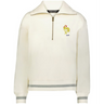 The EMB Augusta Women's Vintage France Heritage Prep Pullover features a cream quarter-zip design with a gold rooster, red star, and "1906" on the chest plus gray-striped cuffs and hem for a classic French-inspired look.
