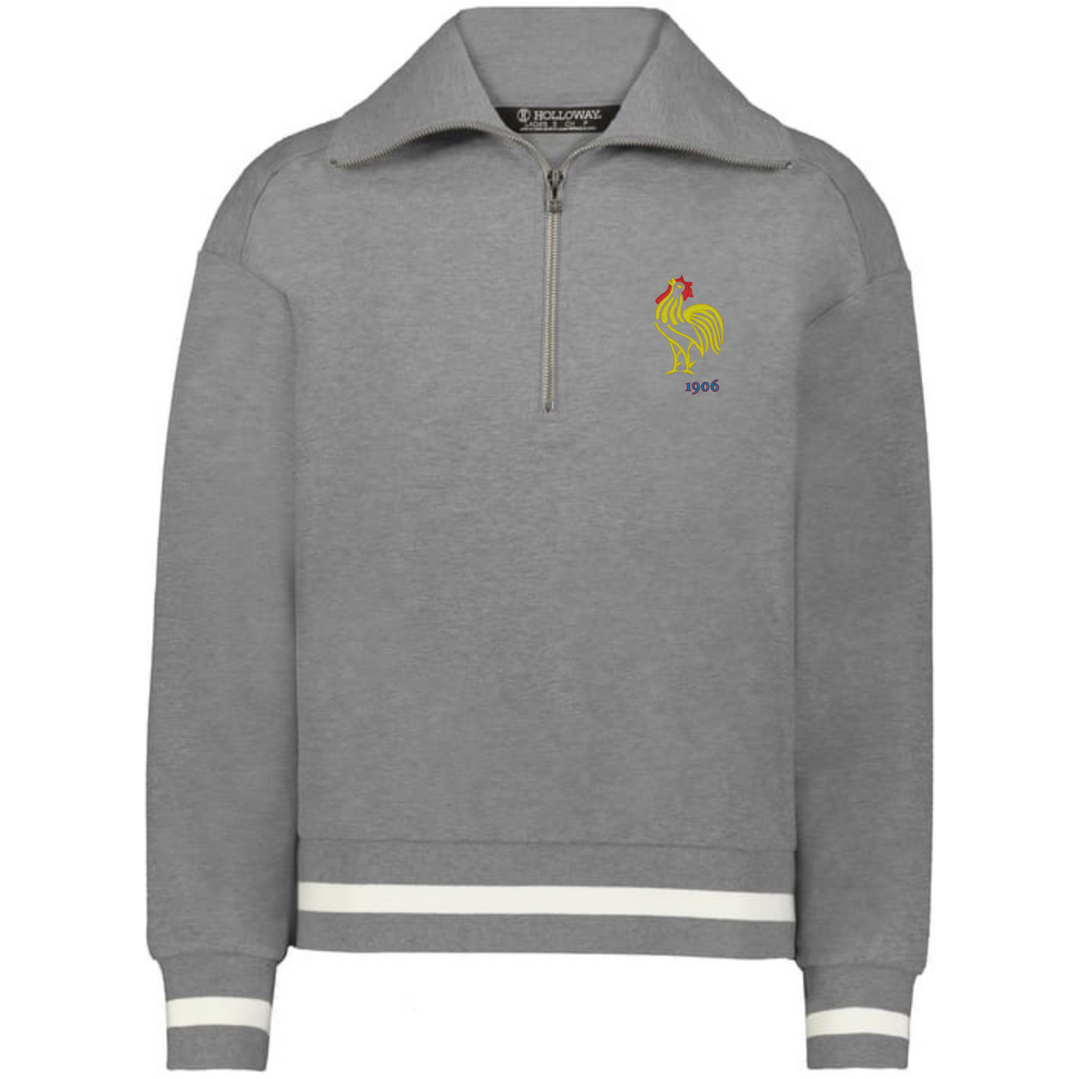 The EMB Augusta Women's Vintage France Heritage Prep Pullover is a grey quarter-zip sweatshirt with white-striped cuffs and hem, yellow rooster and "1906" embroidery on the left chest, inspired by vintage French style.