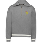 The EMB Augusta Women's Vintage France Heritage Prep Pullover is a grey quarter-zip sweatshirt with white-striped cuffs and hem, yellow rooster and "1906" embroidery on the left chest, inspired by vintage French style.
