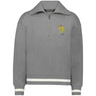 The EMB Augusta Women's Vintage France Heritage Prep Pullover is a grey quarter-zip sweatshirt with white-striped cuffs and hem, yellow rooster and "1906" embroidery on the left chest, inspired by vintage French style.
