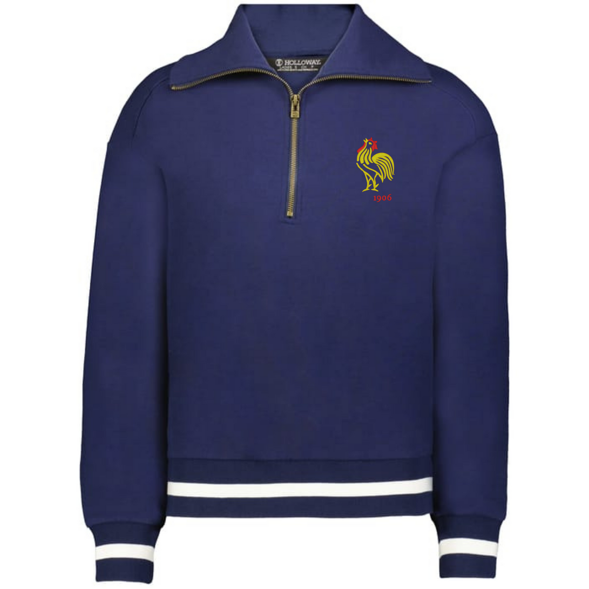 The EMB Augusta Women's Vintage France Heritage Prep Pullover features a navy blue quarter-zip, white striped cuffs and hem, and a yellow rooster with "1906" embroidered on the left chest.