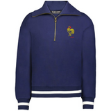 The EMB Augusta Women's Vintage France Heritage Prep Pullover features a navy blue quarter-zip, white striped cuffs and hem, and a yellow rooster with "1906" embroidered on the left chest.