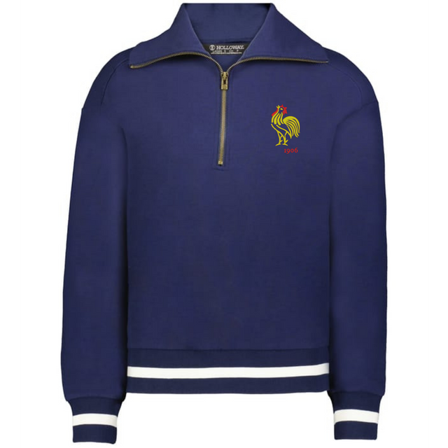 The EMB Augusta Women's Vintage France Heritage Prep Pullover features a navy blue quarter-zip, white striped cuffs and hem, and a yellow rooster with "1906" embroidered on the left chest.