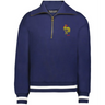 The EMB Augusta Women's Vintage France Heritage Prep Pullover features a navy blue quarter-zip, white striped cuffs and hem, and a yellow rooster with "1906" embroidered on the left chest.