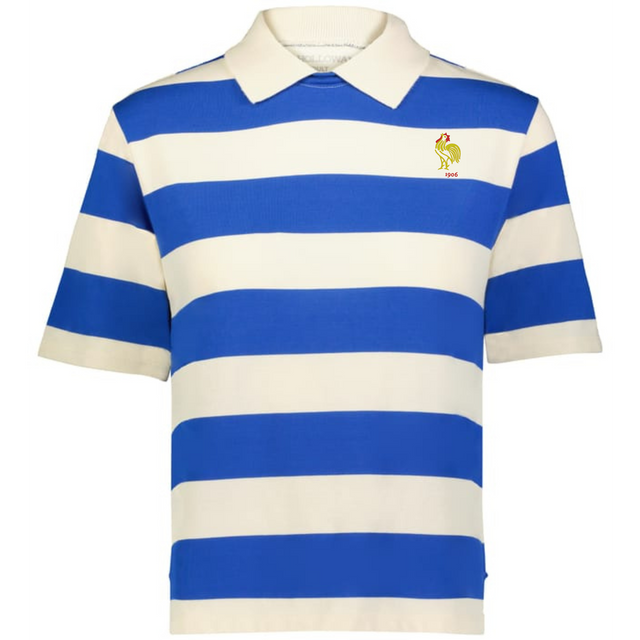 The EMB Augusta Women's Vintage France Prep Street Rugby Crop features short sleeves, blue and white stripes, a classic collar, and a small yellow rooster logo for a timeless prep street rugby style.