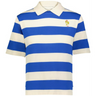 The EMB Augusta Women's Vintage France Prep Street Rugby Crop features short sleeves, blue and white stripes, a classic collar, and a small yellow rooster logo for a timeless prep street rugby style.