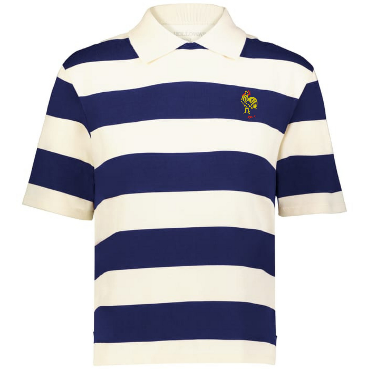 The EMB Augusta Women's Vintage France Prep Street Rugby Crop is a short-sleeve polo with wide navy and white stripes, plus a small yellow rooster emblem with "1919" on the left chest.