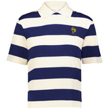 The EMB Augusta Women's Vintage France Prep Street Rugby Crop is a short-sleeve polo with wide navy and white stripes, plus a small yellow rooster emblem with "1919" on the left chest.