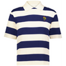 The EMB Augusta Women's Vintage France Prep Street Rugby Crop is a short-sleeve polo with wide navy and white stripes, plus a small yellow rooster emblem with "1919" on the left chest.